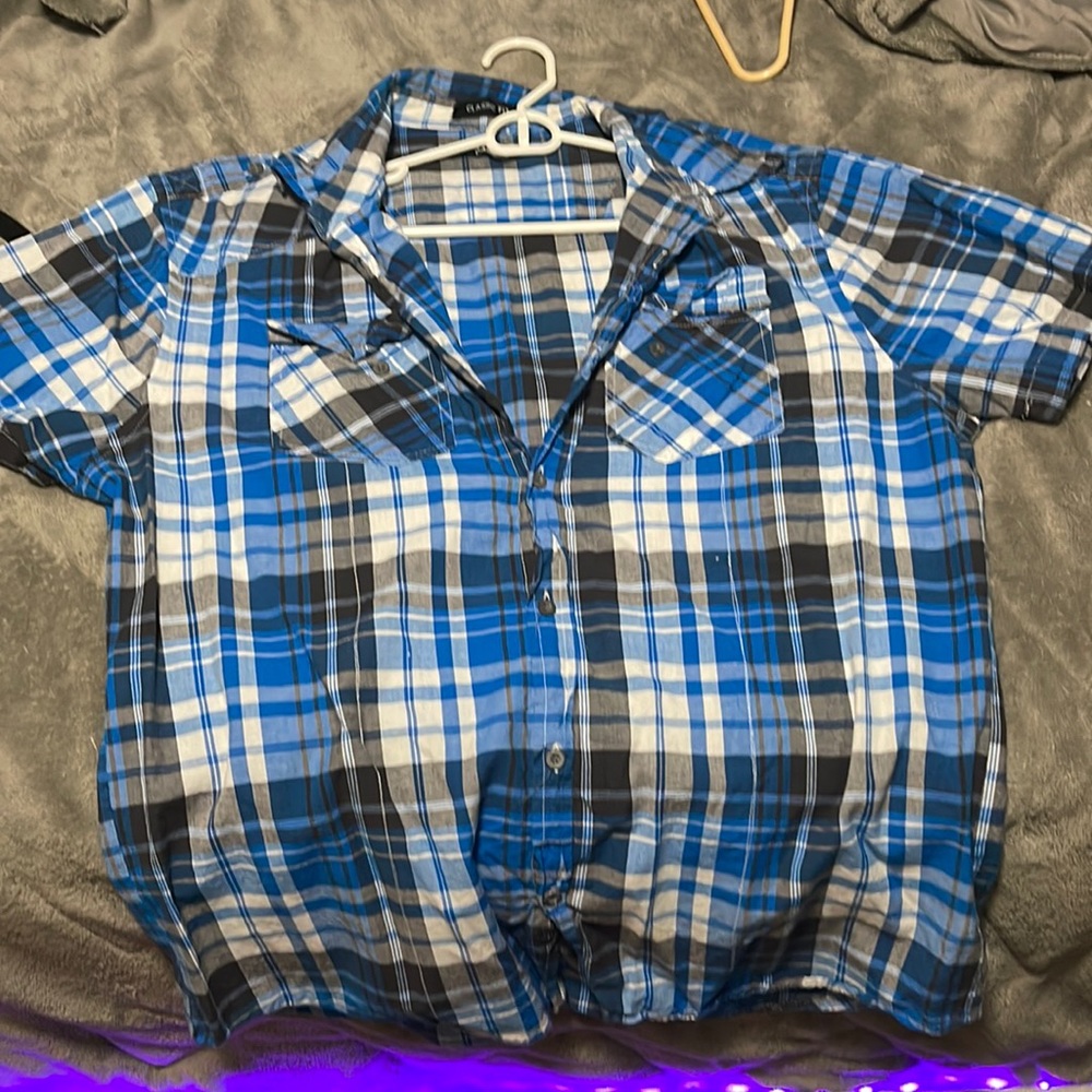Blue white and black (some grey) button up flannel (classic fit)